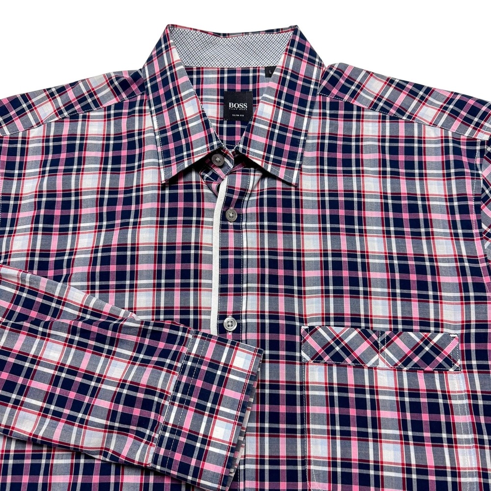 Boss Hugo Boss Shirt Mens Large Blue Pink Plaid Slim Fit Button Down Casual